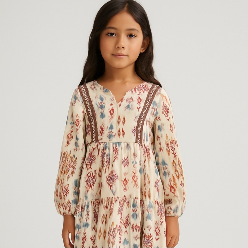 Zara Cream Boho Print Tiered Dress with Rust and Blue Accents